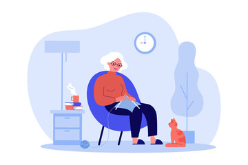 Red-haired cat watching how grandmother knitting. Flat vector illustration. Elderly woman resting in armchair and knitting clothes from yarn at home. Comfort, pet, knitting, hobbies, old age concept