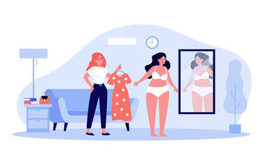 Friends choosing outfit together flat vector illustration. Plump woman in underwear looking in mirror while friend holding dress. Overweight, self-esteem, style, clothing, friendship concept