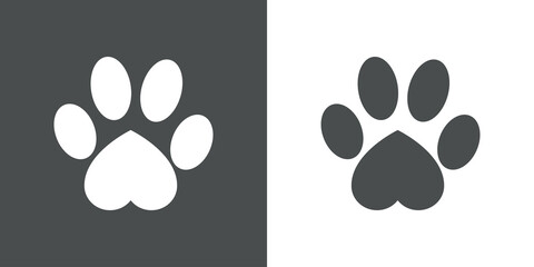 Asistencia sanitaria para mascotas. Logotipo zarpa de gato con forma de corazón en fondo gris y fondo blanco