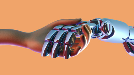 3D rendering ,Human hand get help by robot hand on orange background , future lifestyle concept.