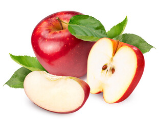 Red Apple with leaves isolated on white background, Fresh Red Royal Gala apple on white background...