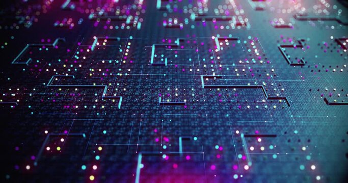 Close Up High Tech Circuit Board. Futuristic Technology. Artificial Intelligence. Computer And Technology Related 4K 3D CG Animation.