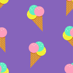 Seamless set on a purple background from an ice cream cone with three balls. Vector