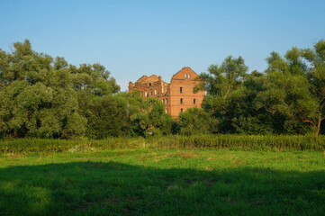 Obraz premium Ruins of the mill destroyed during World War II in the background. Natural landscape. Yuryatino (village in Kaluga Oblast), Russia.