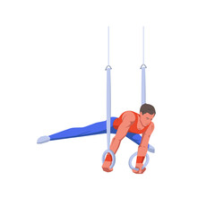 A gymnast with an athletic physique performs an exercise on rings holding himself parallel to the ground. Vector flat design illustration. Individual all-around competition scene.