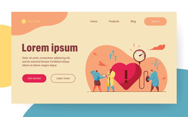 Tiny doctors treating heart disease. Medical checkup, high blood pressure, cardiology flat vector illustration. Medicine, diagnosis, examination concept for banner, website design or landing web page