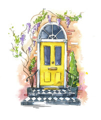 English traditional home entrance door , watercolor painting - 449346756