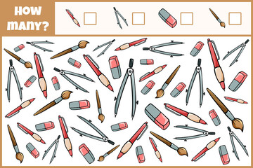 Educational mathematical game. Count the number of school supplies. Count how many 
school supplies. Counting game for children.