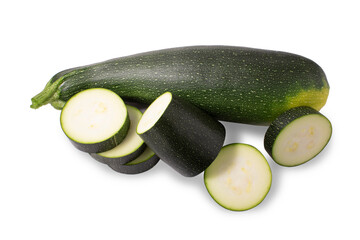 Zucchini and zucchini slices isolated on a white background.Fresh bright vegetables on a white background.It is used for labels, menus, postcards and web design.