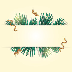 Christmas Background with Space for Text. Light Yellow Classic Background with Green Pine Branches, Golden Confetti and Festive Sparkles