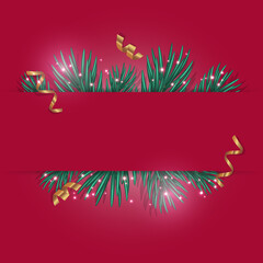 Christmas Background with Space for Text. Dark Red Background with Green Pine Branches, Golden Confetti and Festive Sparkles
