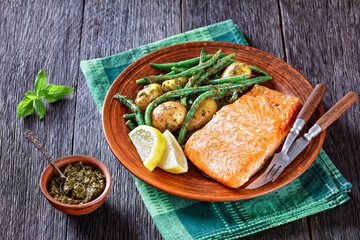 roast Salmon with pesto dressed veggies, top view