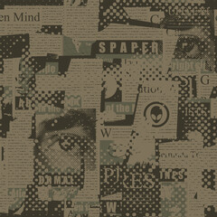 Abstract seamless pattern with a collage of magazine and newspaper clippings. Dark vector background with unreadable text, titles and illustrations. Suitable for wallpaper, wrapping paper or fabric