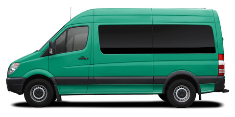 Side view of a modern passenger short-base American minibus in blue-green. Isolated on a white background.