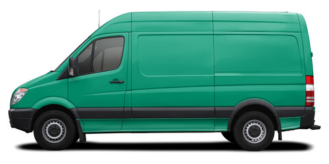 Side view of a modern cargo short-base American minibus in blue-green. Isolated on a white background.