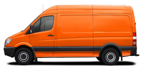Side view of a modern cargo short-base American minibus in orange. Isolated on a white background.