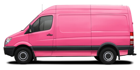 Side view of a modern cargo short-base American minibus in pink. Isolated on a white background.