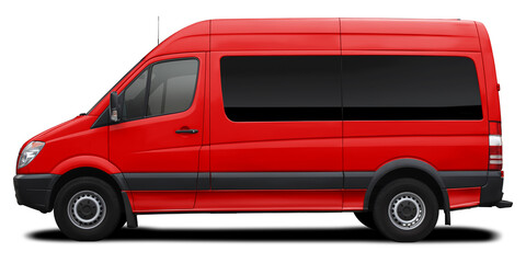 Side view of a modern passenger short-base American minibus in red. Isolated on a white background.