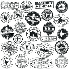 Mumbai, Maharashtra, India Set of Stamp. Vector Art Postal Passport Travel Design. Travel and Business Seals.