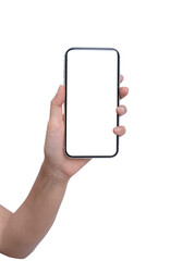 Woman hand holding mobile isolated on white background