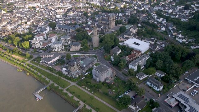 4K drone clip moving forward over the medieval Neuwied Castle and a river close to the town of Rhineland in Germany