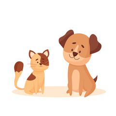 Cute dog and cat. Cartoon cat and dog sitting together. Isolated characters with shadow. Flat vector