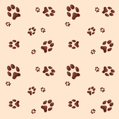 Animal footprints pattern. Cat or dog brown footprints on beige background. Vector cartoon illustration