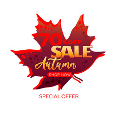 70% autumn sale, leaf shaped emblem isolated on white background. Vector for booklet or web banner. Promotion Autumn discount.