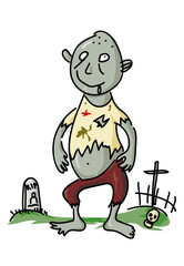 Scary and funny zombie in torn t-shirt on cemetery