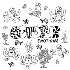 Octopus doodle hand drawn set. Line art. Isolated on white background.