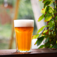 Cold light beer with white foam in glass on wooden table with blurred nature background.