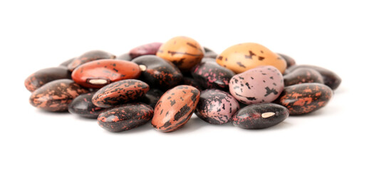 Pile of raw beans on white background. Vegetable planting