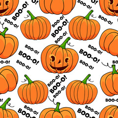 Halloween pumpkin seamless pattern on white background. Cute halloween pumpkin pattern with web. Halloween theme design vector illustration.