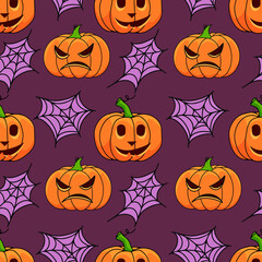 Halloween pumpkin seamless pattern on violet background. Cute halloween pumpkin pattern with web. Halloween theme design vector illustration