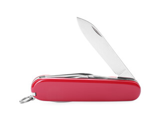 Compact portable multitool with red handle isolated on white