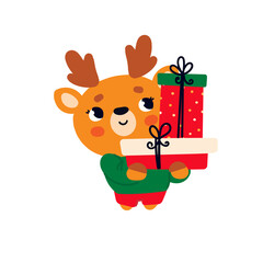 A deer with gifts for Christmas. Cute reindeer. Vector clipart