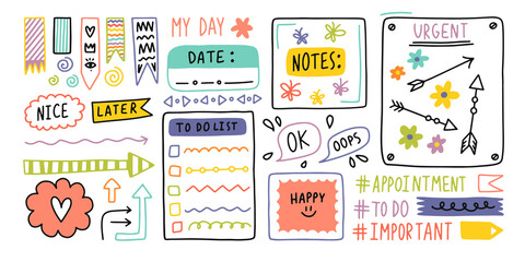 Diary bullet cute journal border elements. Note icon, sticker for school. Vector illustration - obrazy, fototapety, plakaty