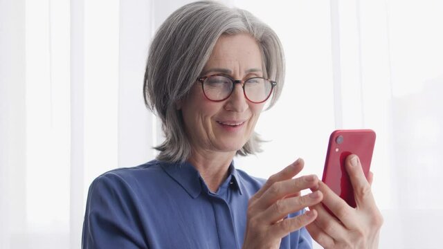 Mature gray haired woman teacher keeping online class register on smartphone