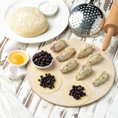 Cooking sweet Dumplings. Blackcurrant filling on rolling raw dough at wooden cutting board. Ingredients and kitchen utensils to making process on rustic table. Food concept. Square format.