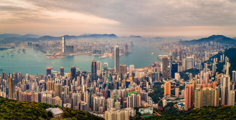 Fototapeta na wymiar Drone Panorama of Hong Kong at Twilight