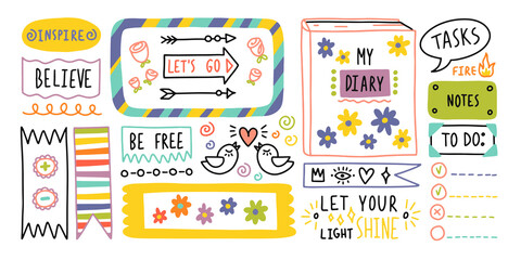 Diary bullet cute journal border elements. Note icon, sticker for school. Vector illustration