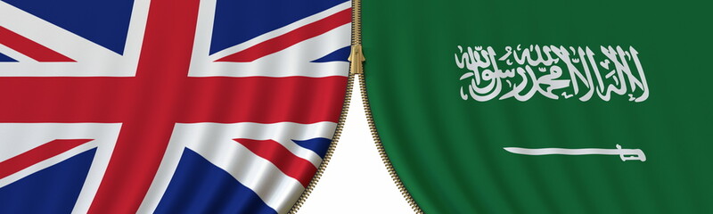 the United Kingdom and Saudi Arabia cooperation or conflict, flags and closing or opening zipper between them. Conceptual 3D rendering