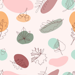 Seamless pattern of leaves, acorns, colored spots on a pink background. For wallpaper, textiles, fabric, packaging, website, prints. Vector eps10