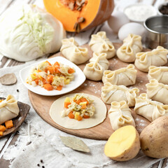 Making Process of dumplings with potatoes, pumpkin and cabbage. Vegetable ingredients and kitchen utensils on kitchen table. Convenience Food. Close-up shot. Side view. Soft focus.