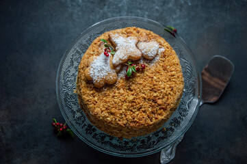 A beautiful and bright cake on a dark background.