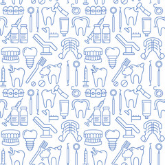 Dentist, orthodontics seamless pattern with line style icons. Health care background for dentistry clinic. Outline dental care, medical equipment, braces, tooth prosthesis, caries treatment background