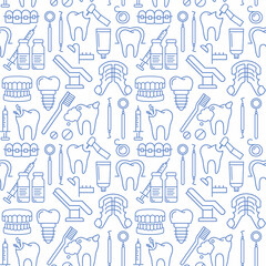 Dentist, orthodontics seamless pattern with line style icons. Health care background for dentistry clinic. Outline dental care, medical equipment, braces, tooth prosthesis, caries treatment background