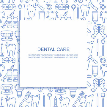 Dentist, orthodontics seamless pattern with line style icons. Health care background for dentistry clinic. Outline dental care, medical equipment, braces, tooth prosthesis, caries treatment background