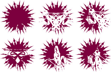 Fototapeta na wymiar Dark red splashes in the form of maple leaf on white. Pointed symbols like a star for emblems, prints, backgrounds and textures, brushes, embroidery, tattoo, as a decorative element, etc.