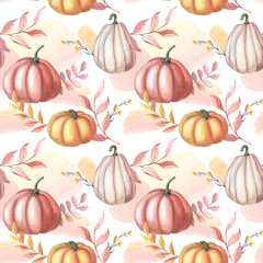 Watercolor red pumpkin and autumn leaves on white background. Seamless pattern with watercolour spots